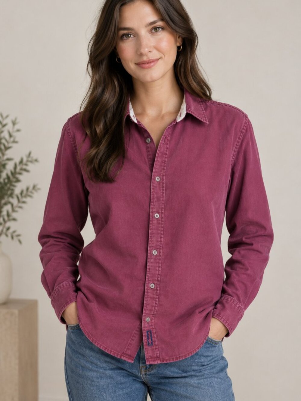 Wrangler Plum/Burgundy Long Sleeve Button-Up Shirt – Vintage Western 100% Cotton